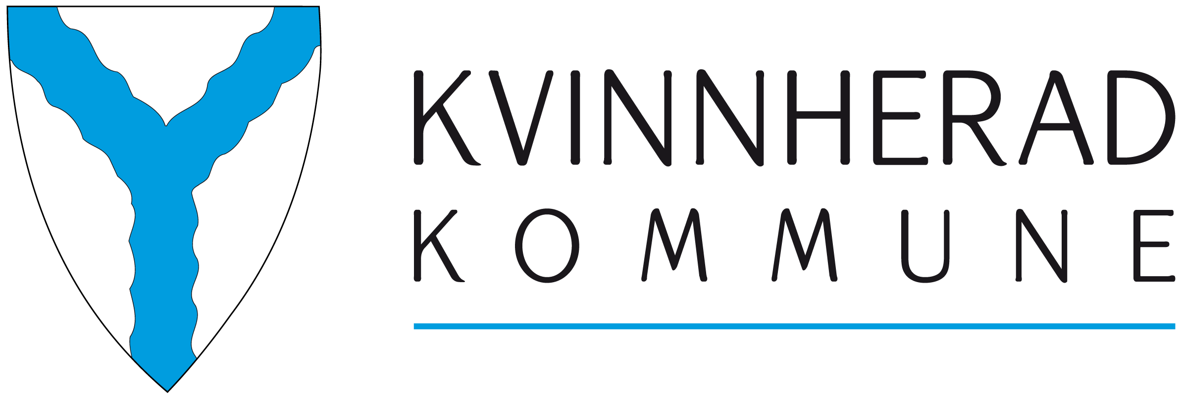 Logo for Kvinnherad kommune, med en skjoldformet emblem med blå vannvei, og teksten 'Kvinnherad kommune' ved siden av.