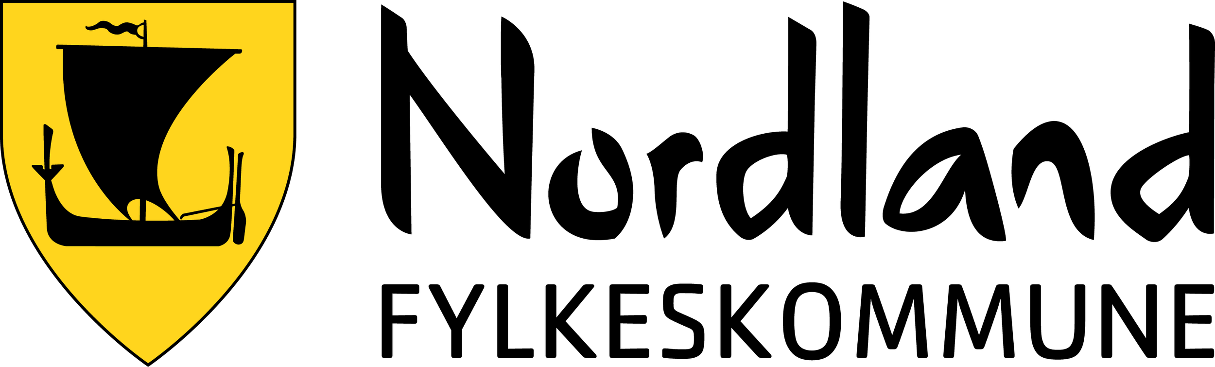Logo med en svart seilbåt på gul bakgrunn og teksten Nordland Fylkeskommune.