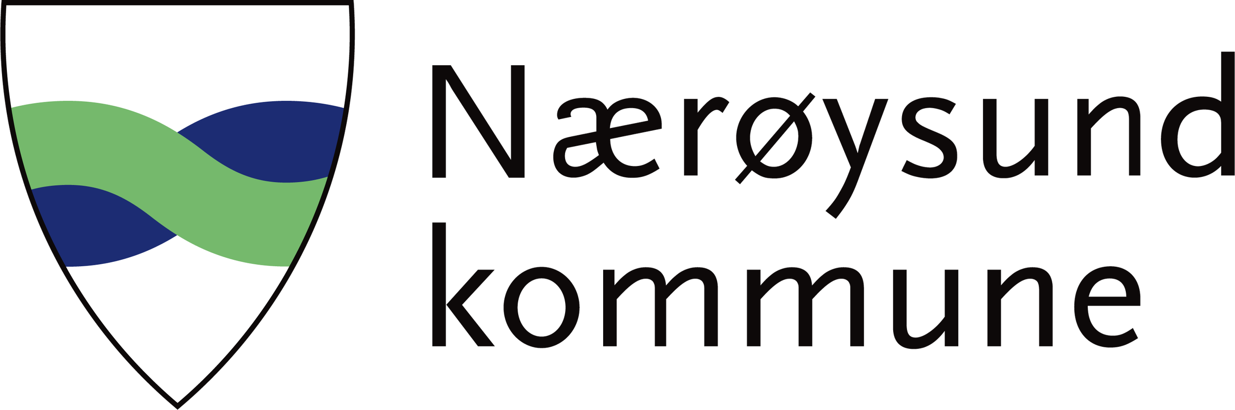 Kommunens logo med skjoldformet emblem som har grønne og blå bånd på hvit bakgrunn, og tekst som sier 'Nærøysund kommune'.