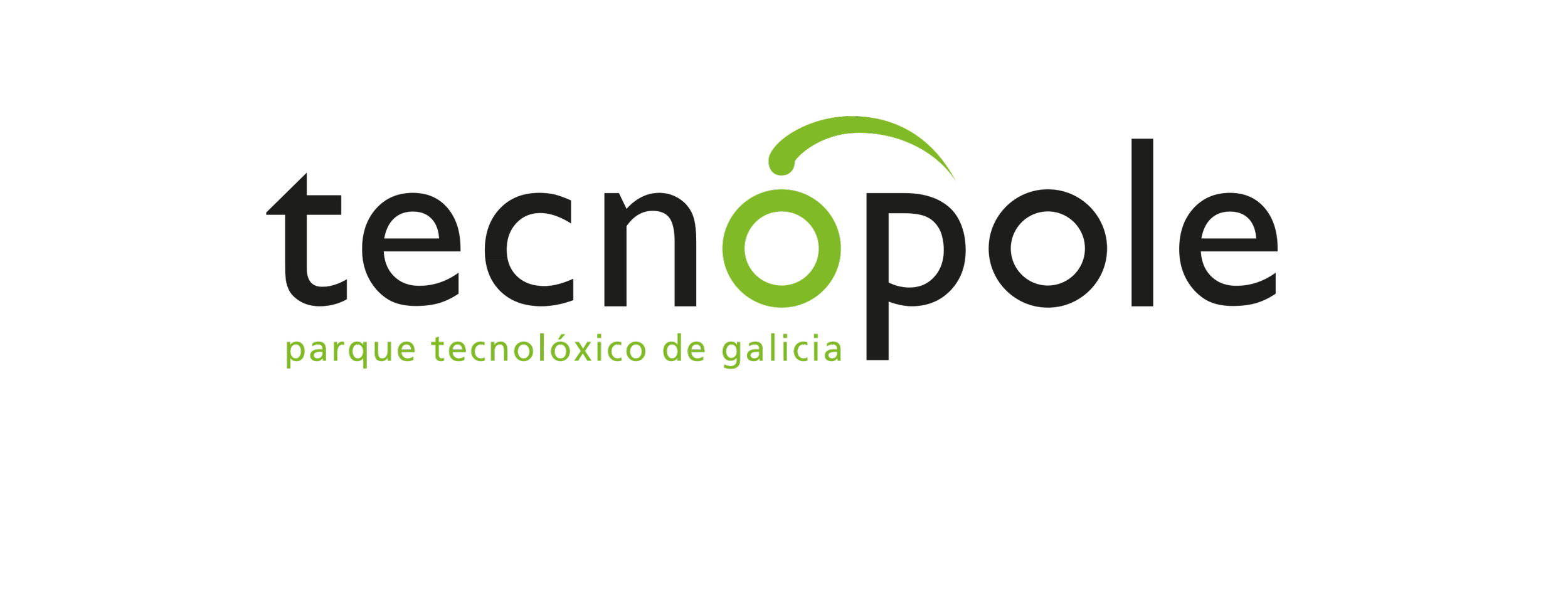 Logo for tecnópole, parque tecnolóxico de Galicia, med svart bakgrunn med grønn og grå tekst.