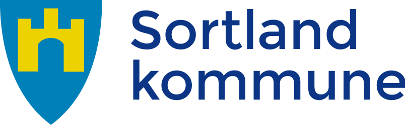 Logo for Sortland kommune med en blå og gul skjold og tekst