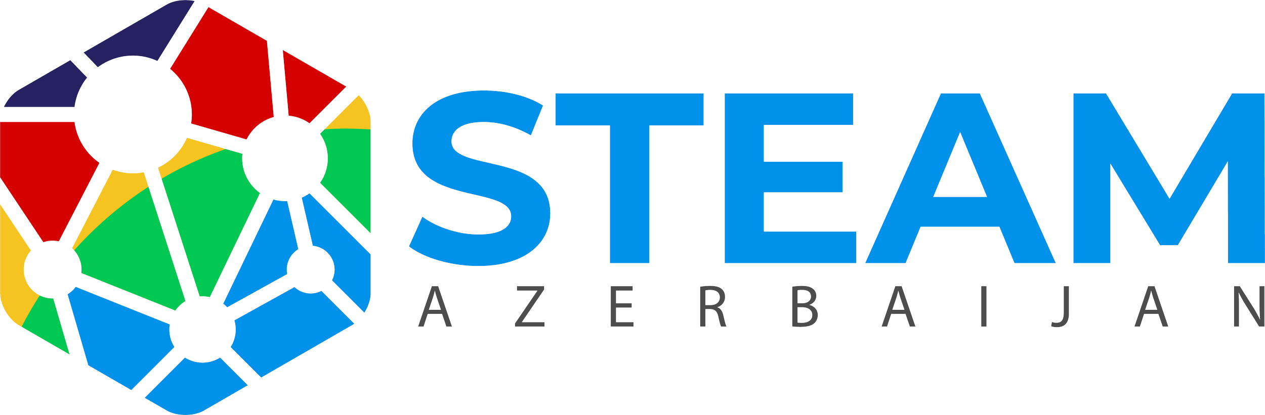 Logo for Steam Azerbaijan med en fargerik geometrisk design til venstre og teksten "STEAM AZERBAIJAN" til høyre, med ordet "AZERBAIJAN" i mindre skrift under "STEAM".