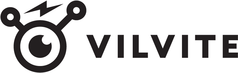 Logo for VILVITE og en grafisk figur med en stor cirkel og to linjer med cirkler, som kan ligne en robot eller et teknologisk symbol.