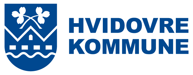 Kommunenavnet Hvidovre Kommune med kommunelogo som inkluderer en innskrift og en grafisk skisse av bygningsmotiv med vann og to frukttrær.