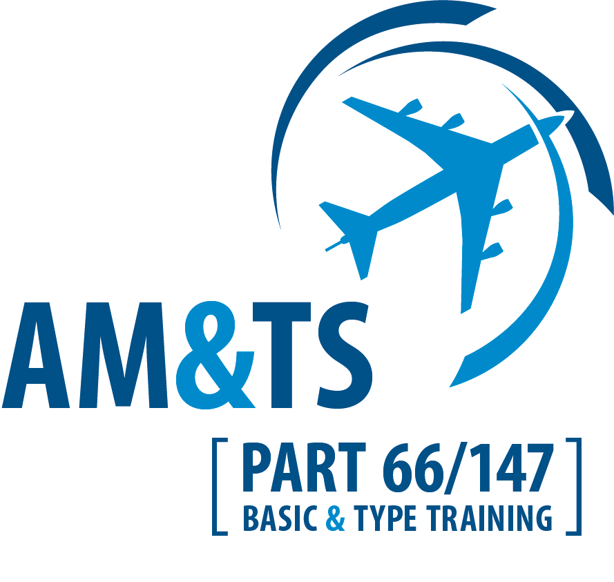 Logo for AM&TS med fly, og informasjon om Part 66/147 Basic & Type Training.
