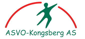 Logo med en grønn person som hopper eller danser, omgitt av en rød bue, med teksten "ASVO-Kongsberg A/S" under.
