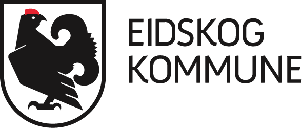 Kommunlogo med en svart figur av en Tiur på en hvit bakgrunn og teksten "Eidskog Kommune".