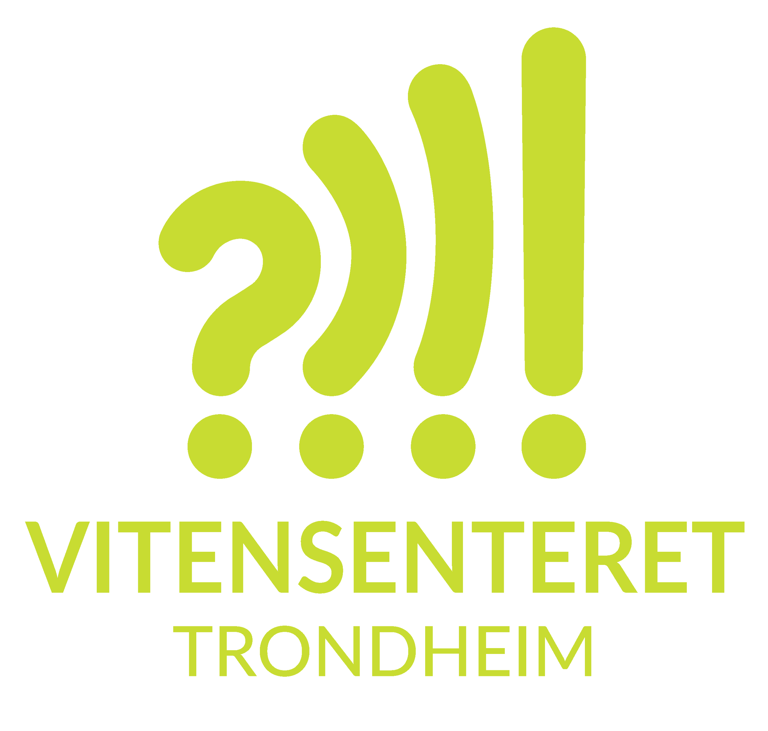 Bilde av logoen til Vitensenteret Trondheim og en grafisk illustrasjon av spørsmålstegn som blir til utropstegn i limegrønt.