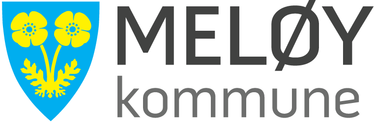 Kommunes logo med blå skjold og to gule blomster, tekst 'MELØY kommune'.