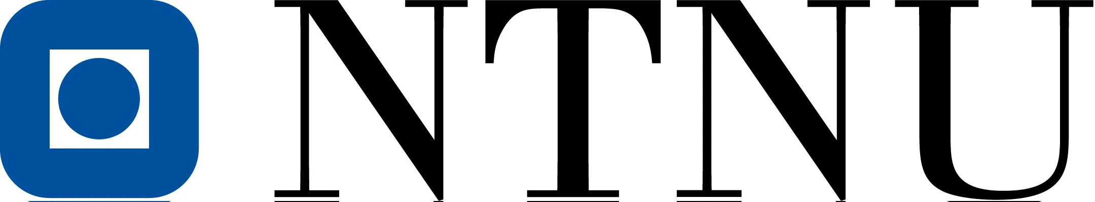 Logo for NTNU, med blått ikon med hvitt rundt og svart tekst.