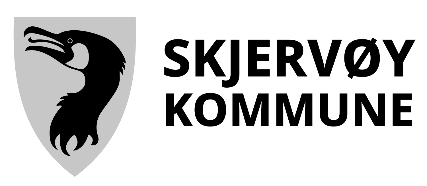 Logo med en svart Lundefugl på en grå skjold med teksten "Skjærvøy kommune" ved siden av.