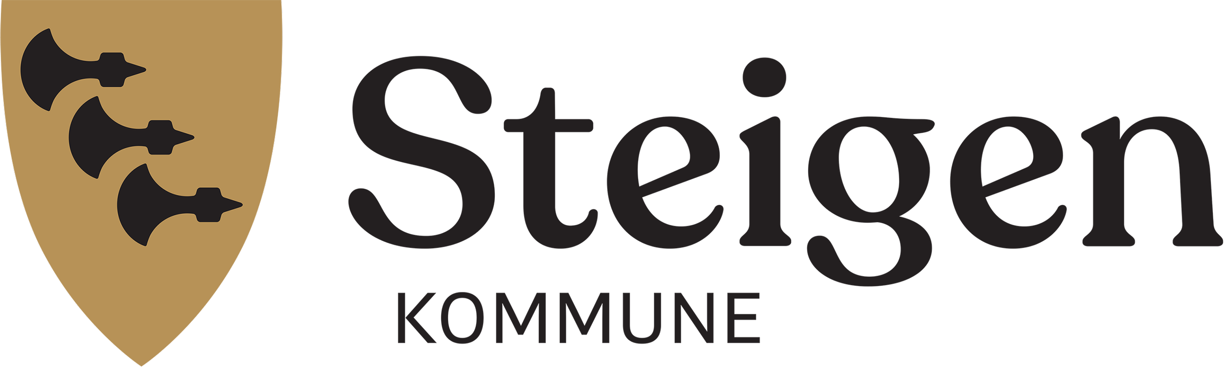 Kommunikasjonslogo for Steigen kommune med en gullfarget skjold med tre svarte økser og teksten 'Steigen KOMMUNE' ved siden av.