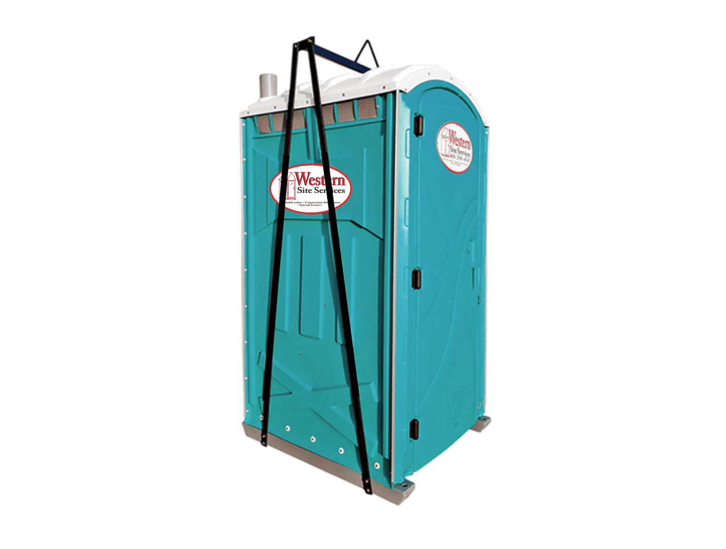 A crane lift portable toilet with a turquoise exterior, black handles, and wheels at the base. It has a sign that reads 'Western Site Services' and a circular vent or decal on the side.