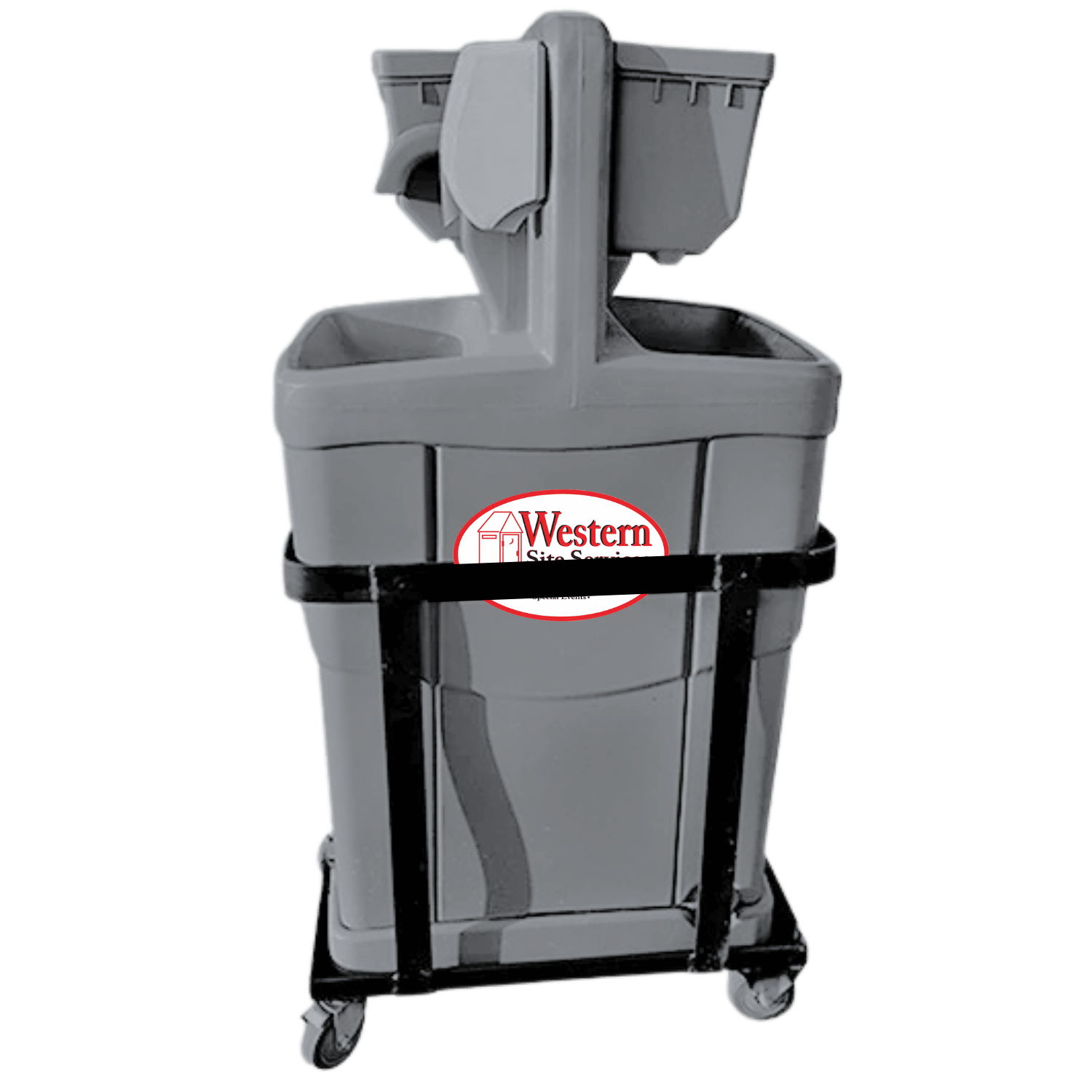 A gray portable sink with a bucket system and wheels, labeled 'Western Site Services'.