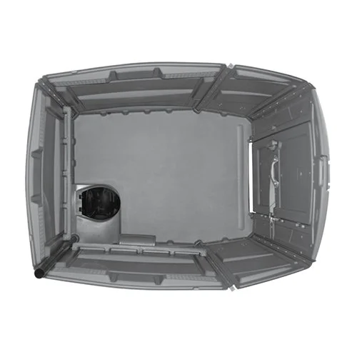 Top-down view of empty gray enclosures with curved walls and a small internal compartment in the bottom left corner.