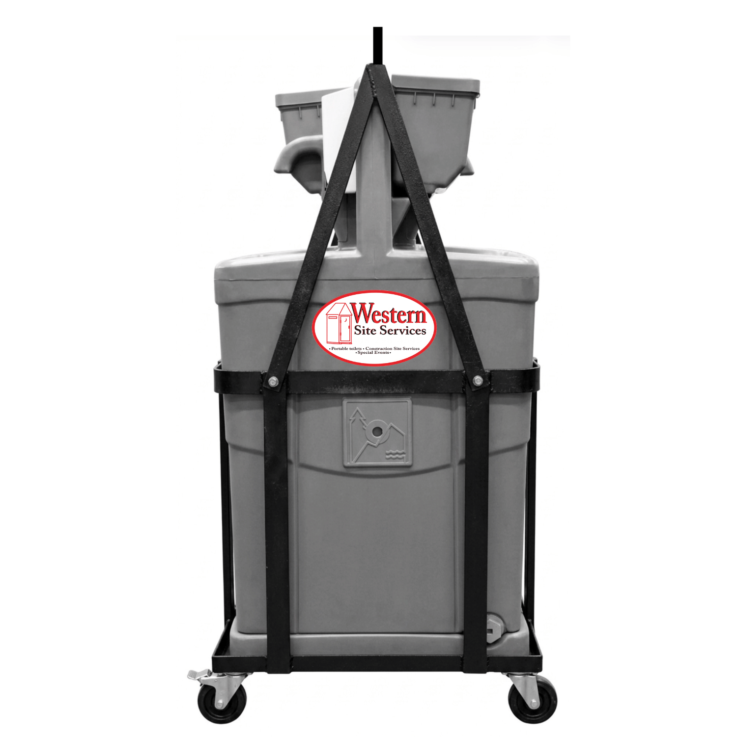 A portable toilet cart with a gray toilet fitted with a black metal frame and wheels, displaying a Western Site Services logo.