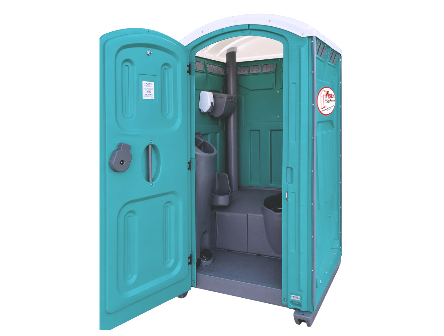 A teal portable toilet with sink, with the door open, revealing the interior with a toilet and ventilation system.
