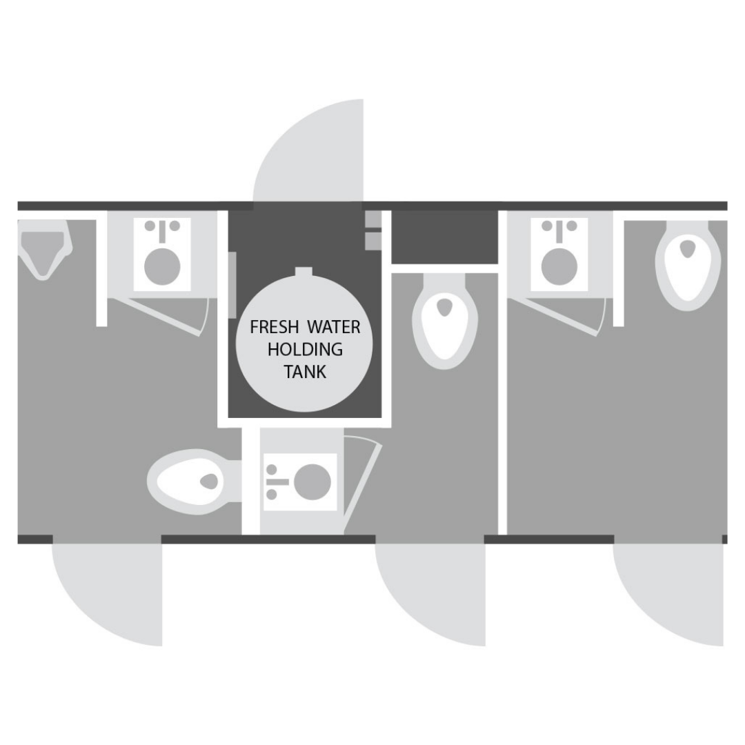 Bathroom layout with three stalls, each containing a toilet, and a central water tank labeled 'Fresh Water Holding Tank'.