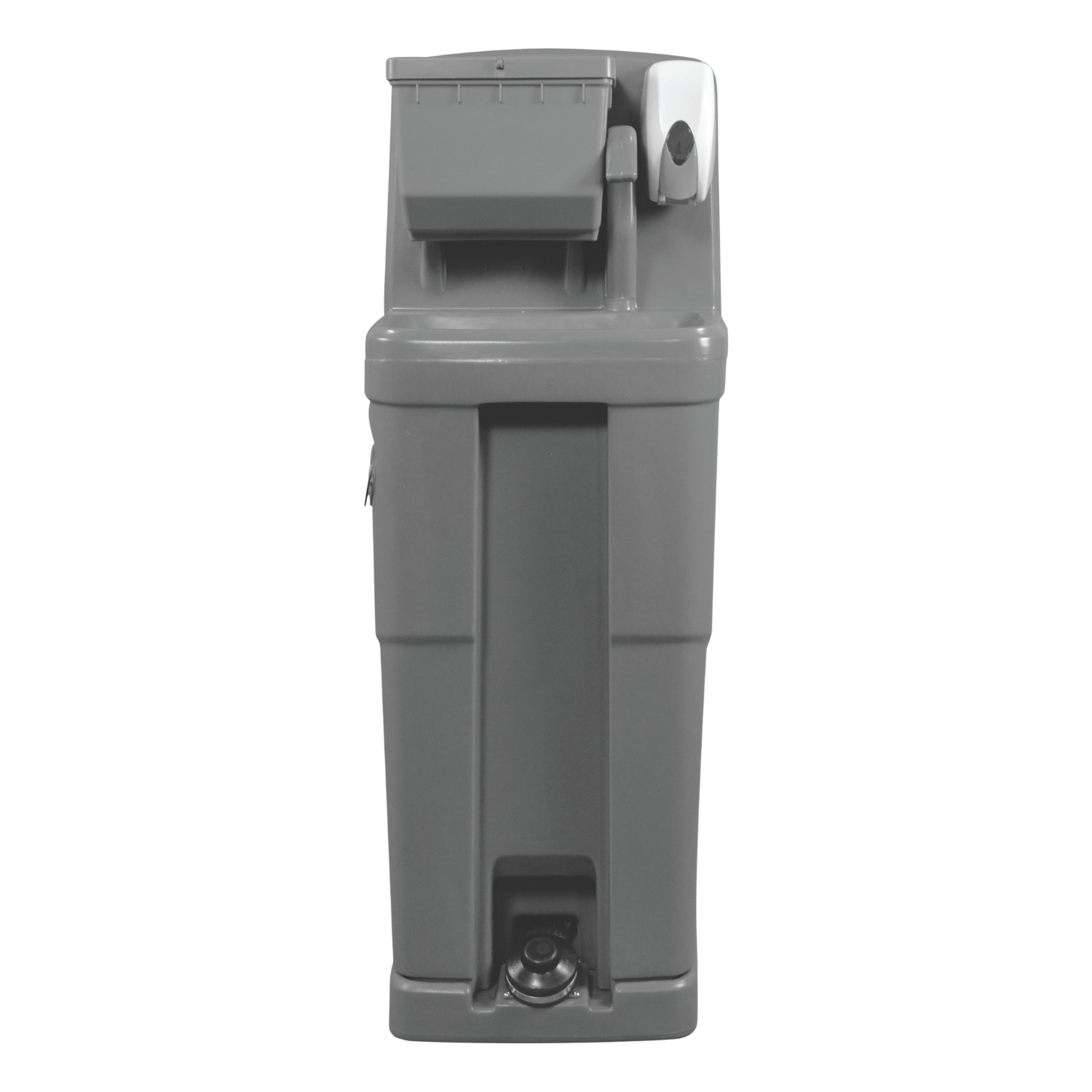 Gray automatic hand sanitizer dispenser with a nozzle and a black button at the bottom.
