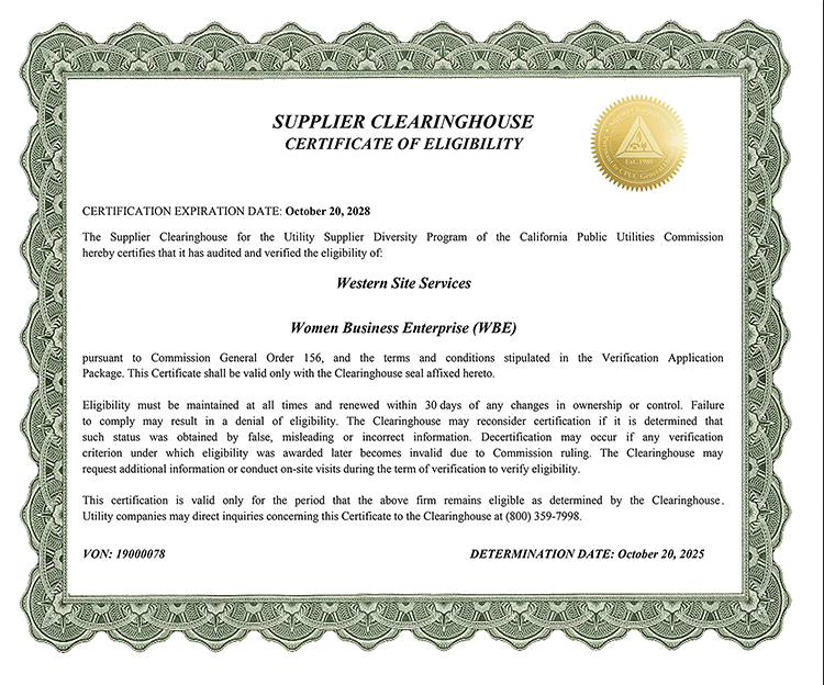 Certificate of eligibility issued to Western Site Services for Women Business Enterprise from the Supplier Clearinghouse, valid until October 20, 2028.