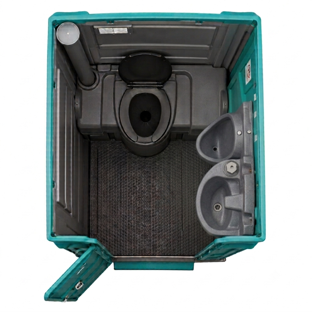 Birds eye view of interior of porta potty with sink with a black toilet and gray sink inside.