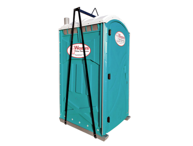 Crane lift portable toilet being hoisted at a high-rise job site in San Jose