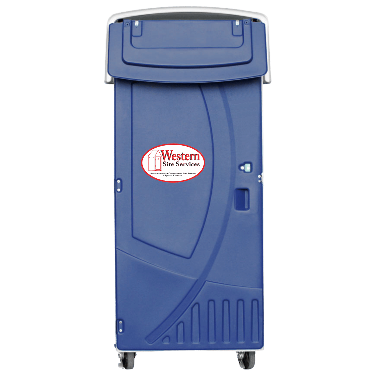 A high rise portable toilet with a blue exterior and a white top, featuring a sticker for Western Site Services.