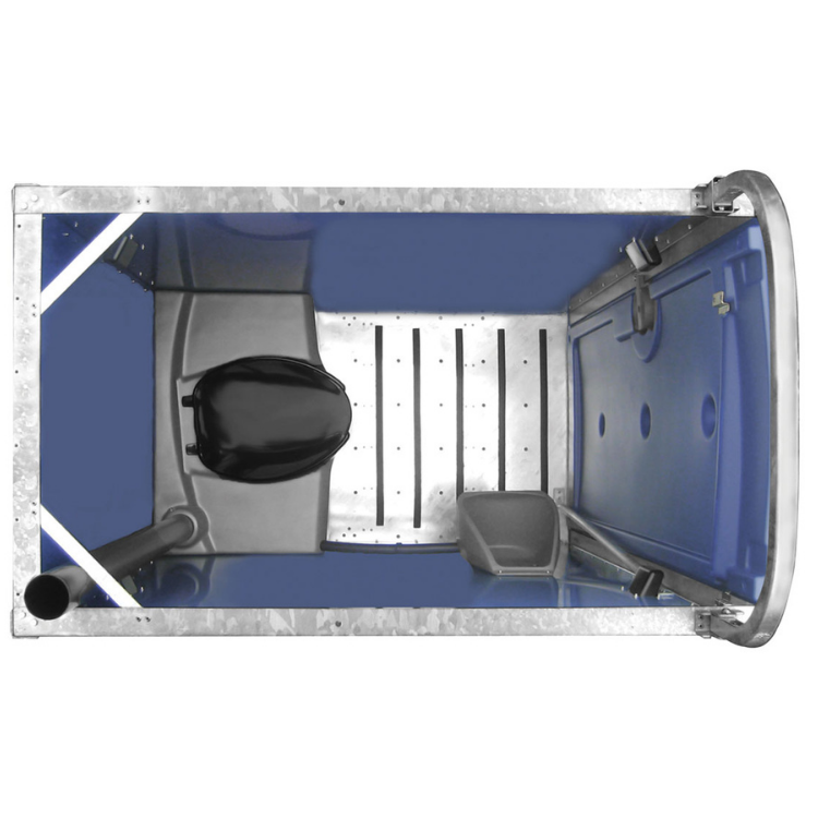 Top-down view of a high rise porta potty with a toilet, small sink, and a blue shower stall.