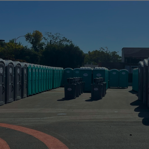Row of portable toilets outdoors on a sunny day with trees and a building in the background.