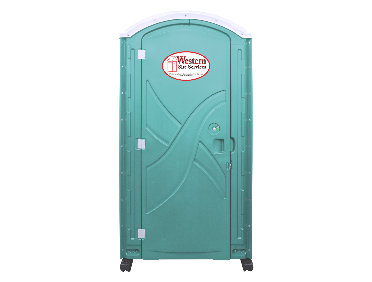 A teal portable toilet with a Western Site Services logo on the door.