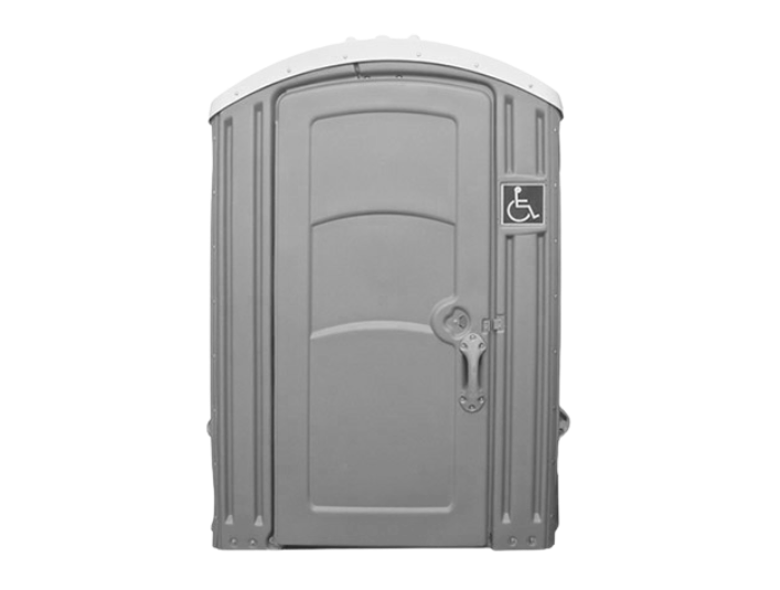Portable toilet with wheelchair accessible sign.