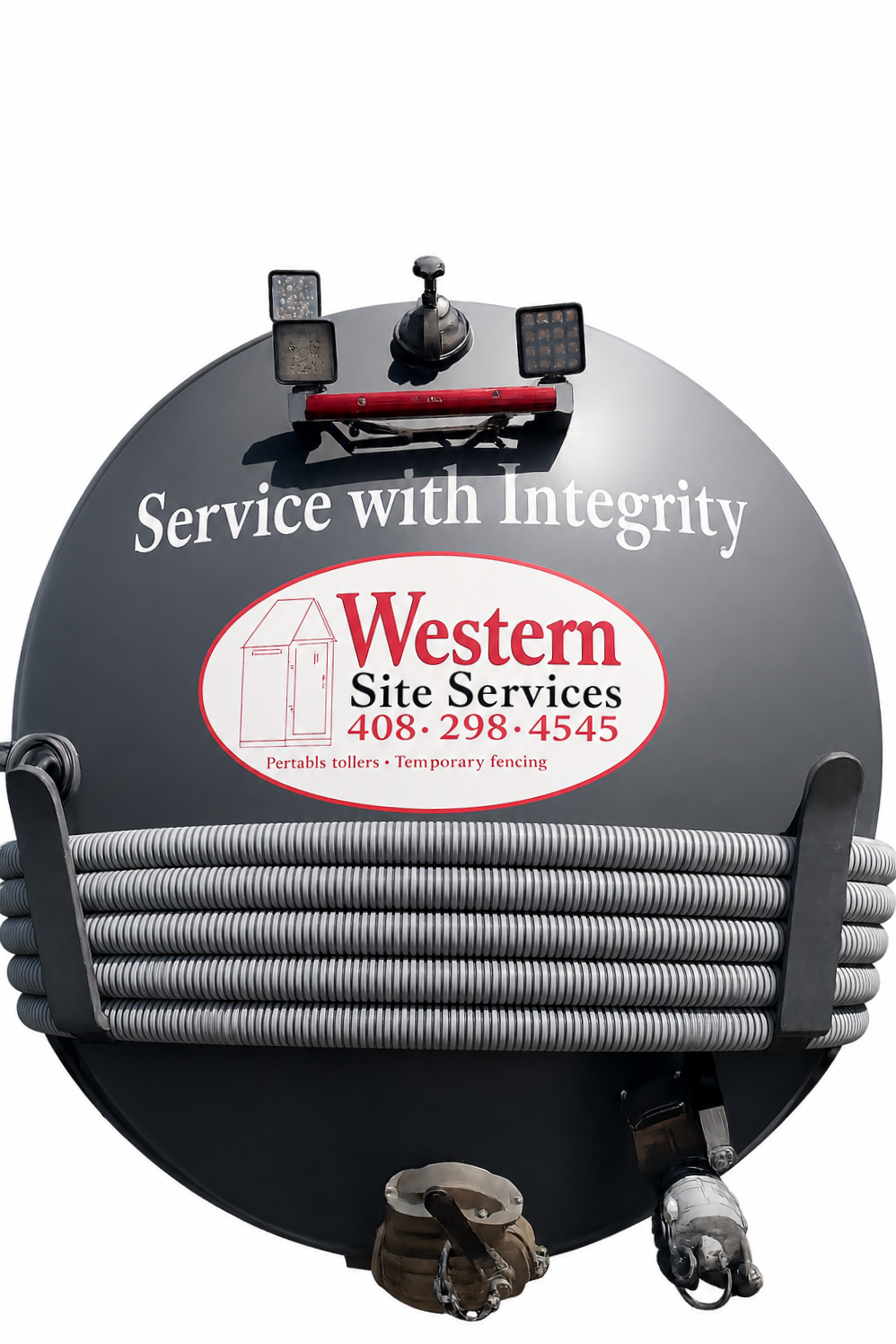 A large black spool of electrical cable with a company logo and phone number for Western Site Services. The logo includes a sketch of a portable toilet and text indicating services provided, with the slogan 'Service with Integrity' at the top.