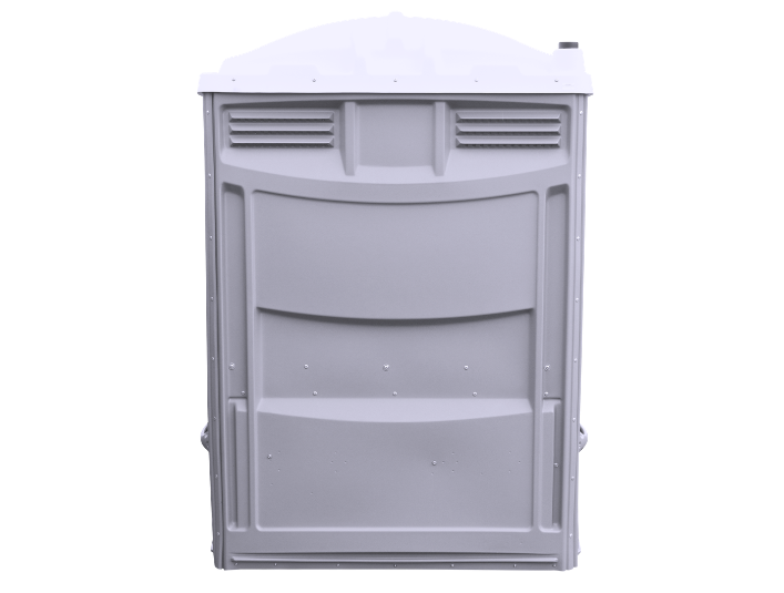 Gray portable toilet against a white background.