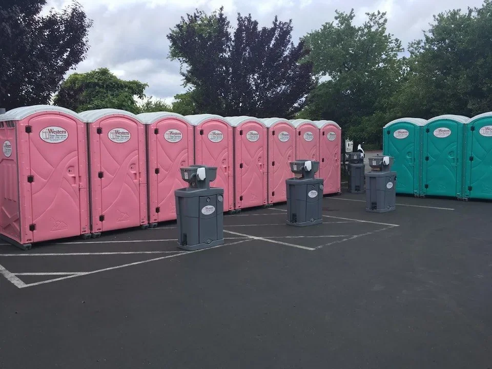 A parking lot with portable restrooms, pink and teal, and handwashing stations in the foreground, surrounded by trees under a cloudy sky.