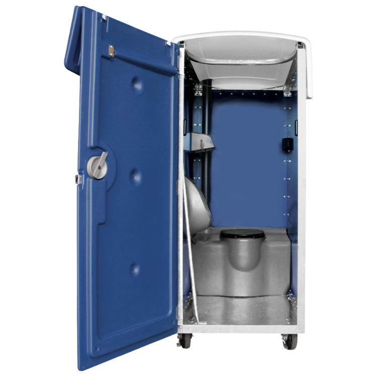 A high rise porta potty with a blue exterior and an open door showing the inside, including a toilet seat, a small sink, and cleaning supplies.