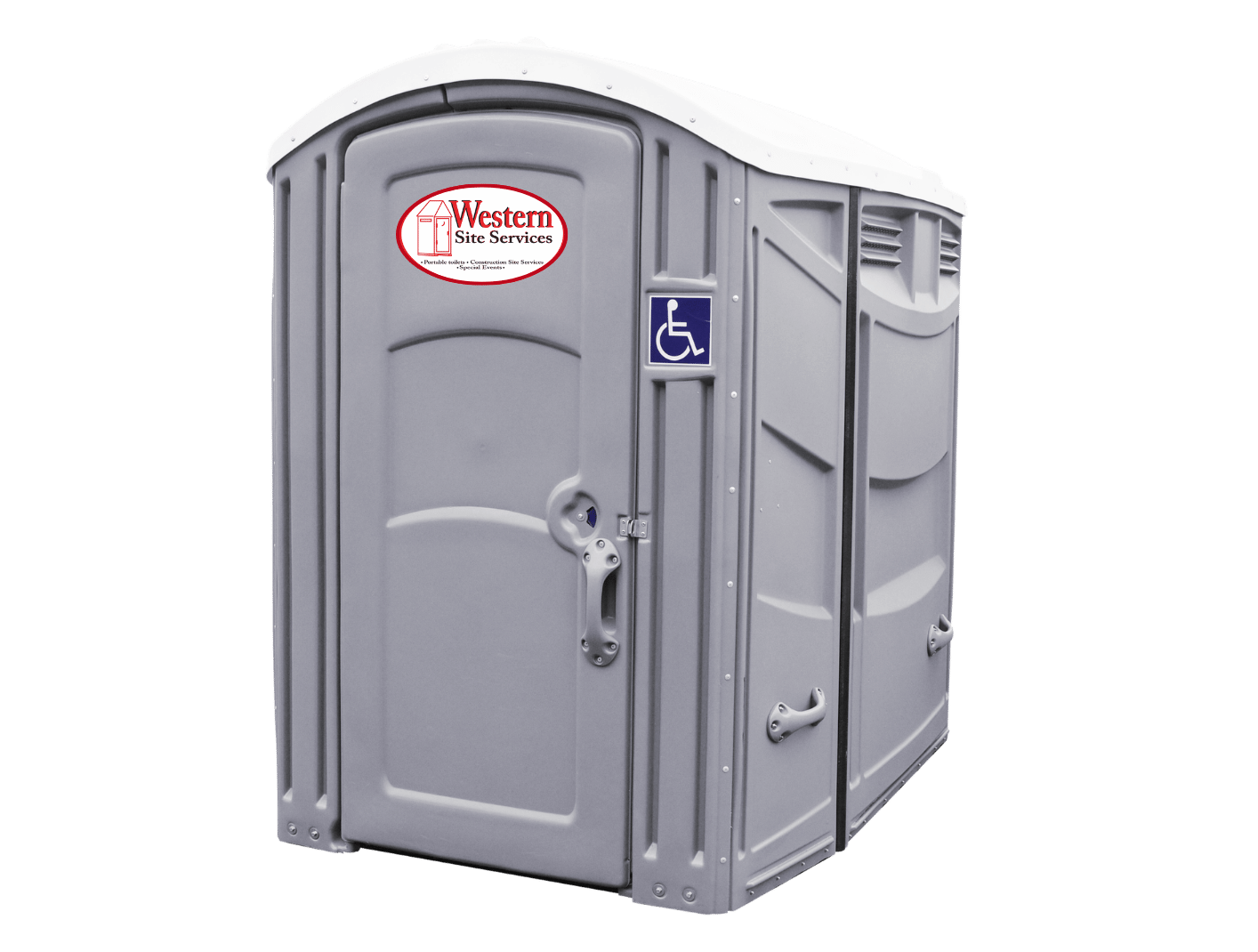 Portable wheelchair accessible toilet with a sign indicating accessibility