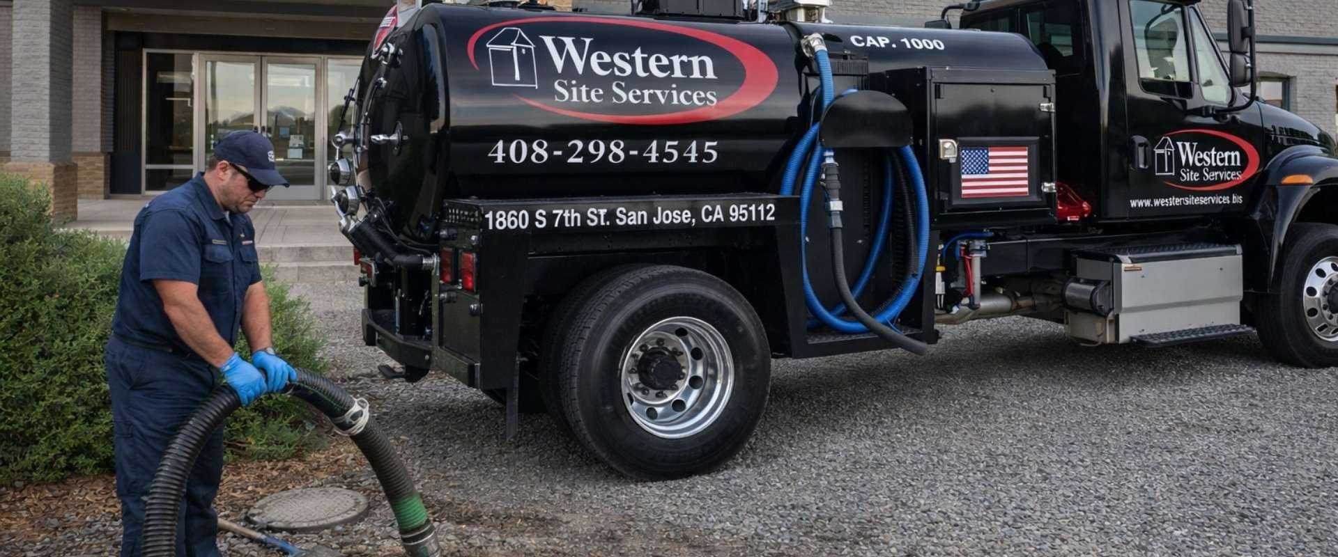 Technician performing commercial septic tank service