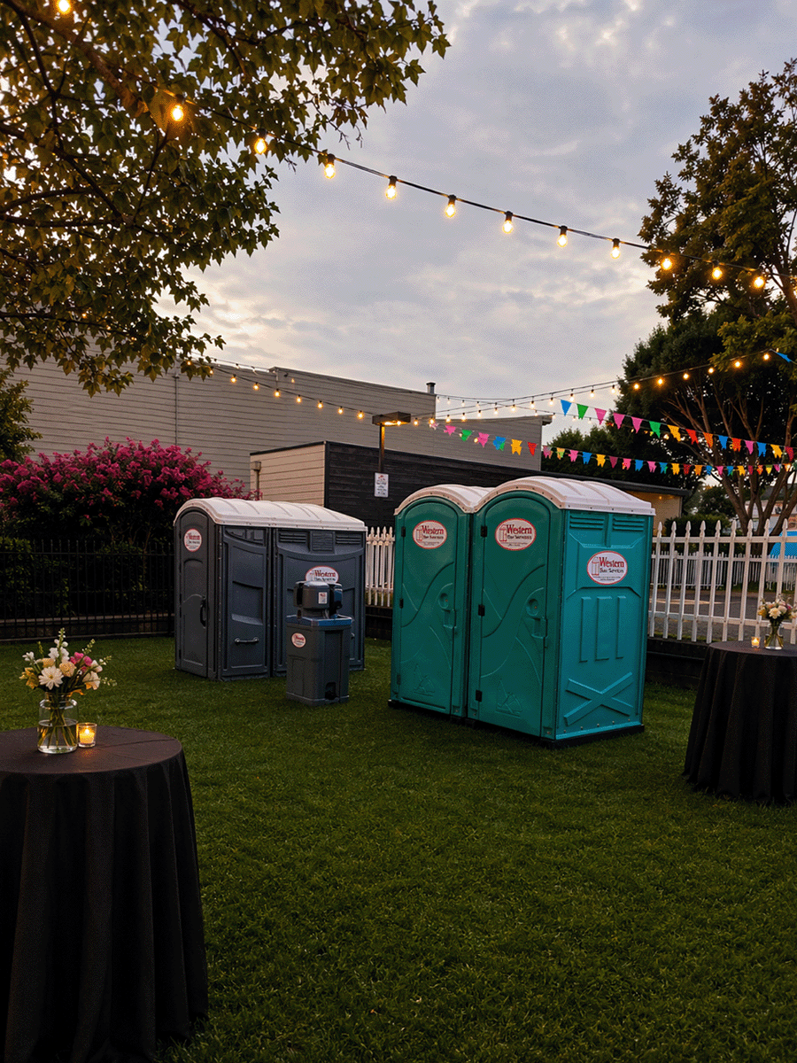 Outdoor party setting with portable toilets, tables with black tablecloths, flower arrangements, and string lights during dusk.