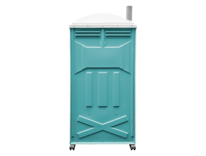 Portable toilet with teal-colored exterior and white roof, viewed from the front.