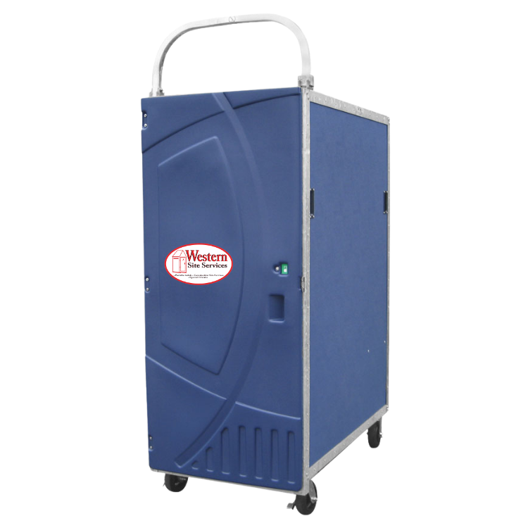 Blue high rise porta potty with wheels, steering handle, and a Western Site Services logo