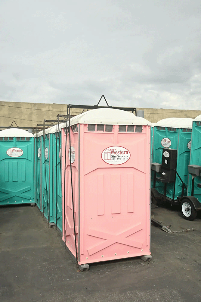 A row of portable toilets, mostly teal, with one pink in the center, located outdoors on pavement, with a cloudy sky above.