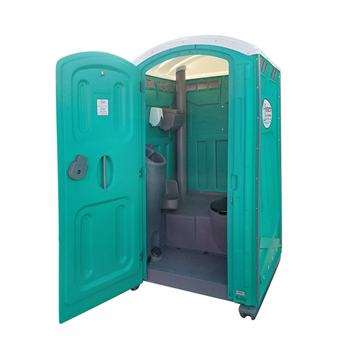 Inside view of a teal portable toilet with a raised roof and closed door, revealing the interior bathroom.