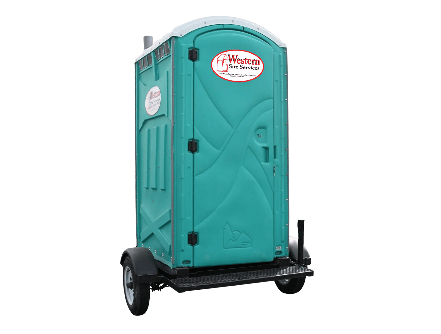 Portable toilet with teal color, labeled 'Western Site Services'