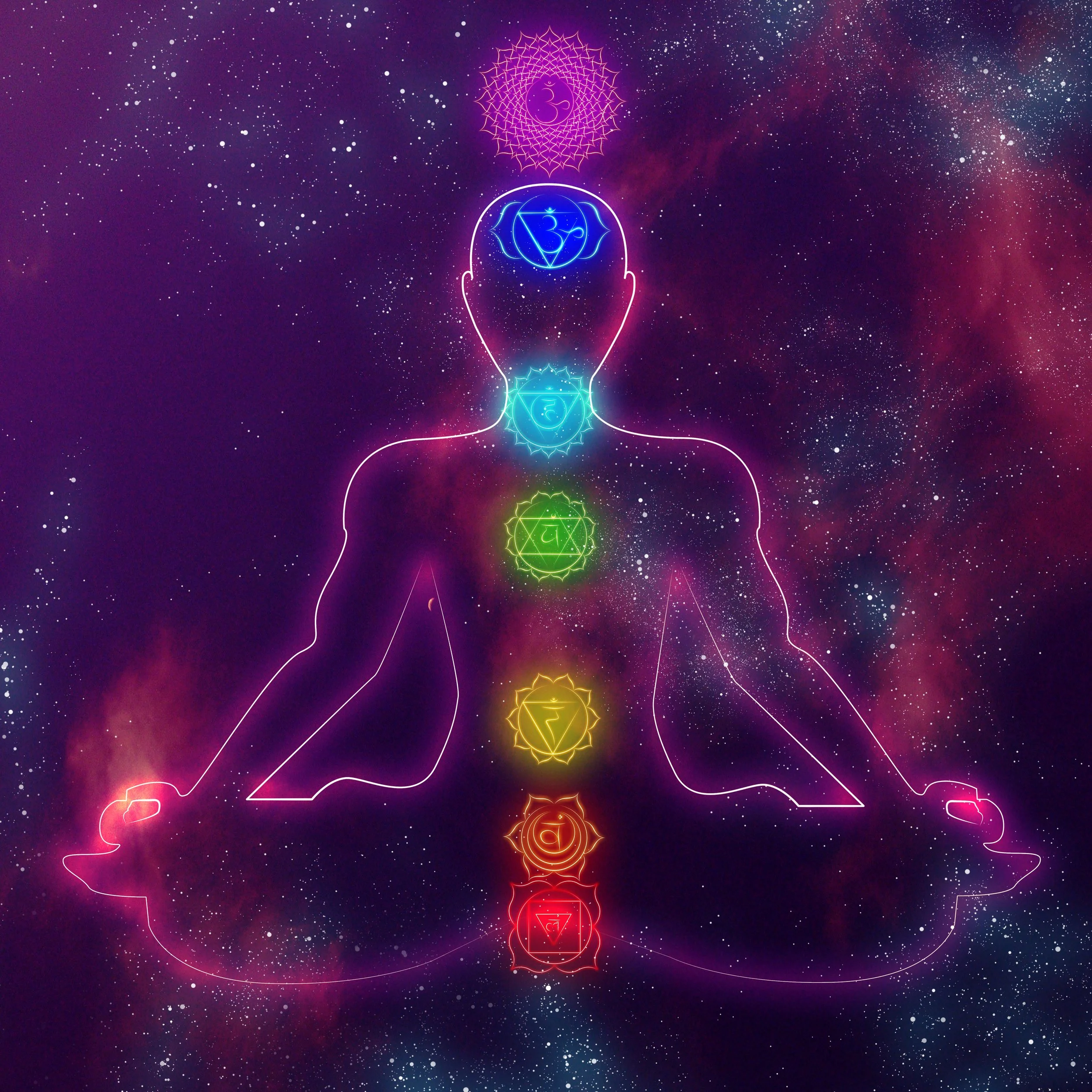 An thereal body showing the seven chakras against a backdrop the looks like the universe.