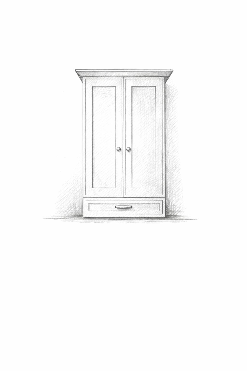 Sketch of a wooden wardrobe with two doors and a drawer at the bottom.