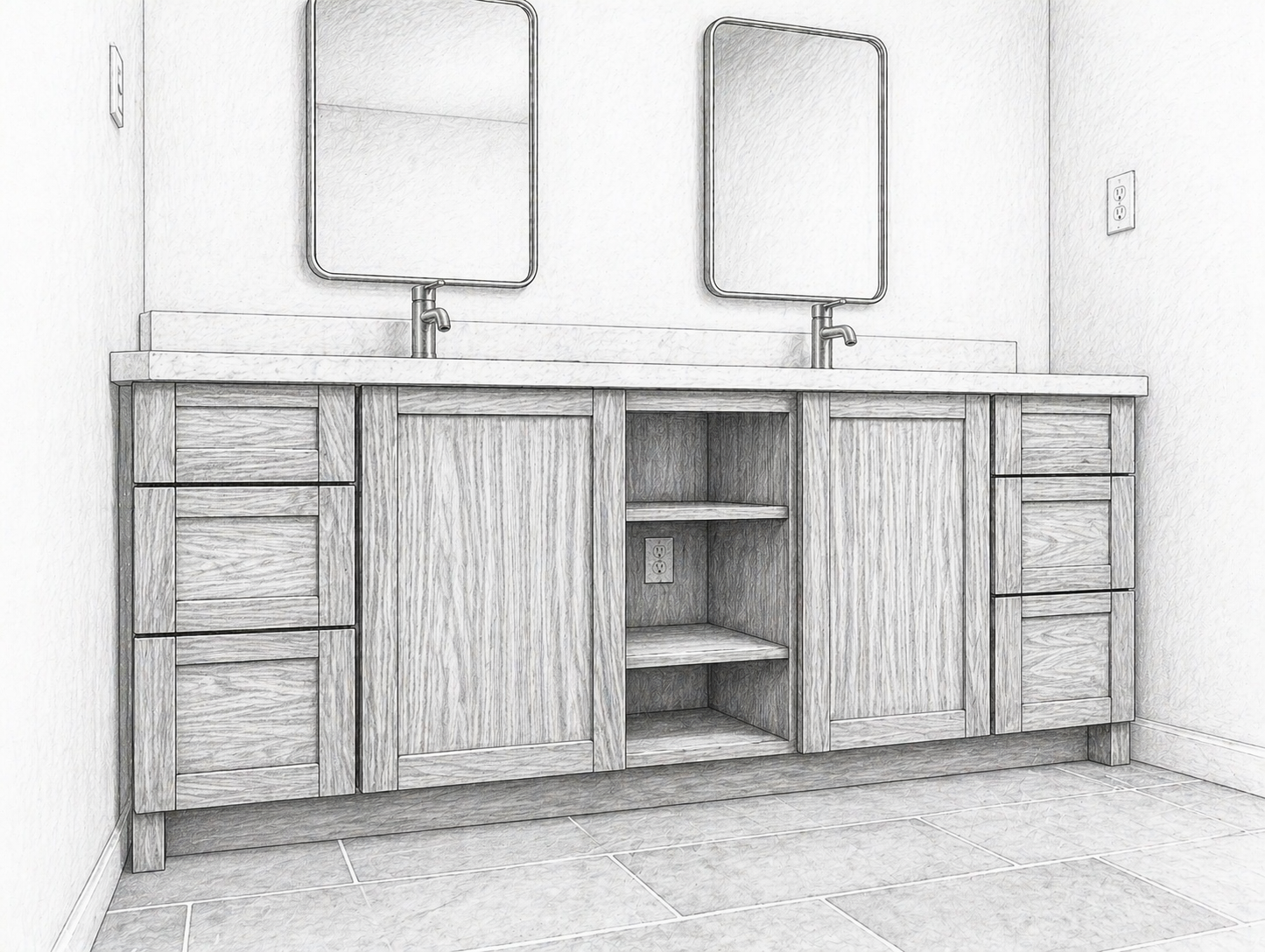 Exterior view of a double bathroom vanity with two square mirrors, two faucets, wooden cabinets, and a marble countertop in a bathroom with tiled floor.