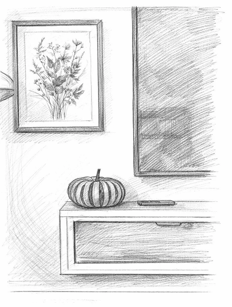 A pencil sketch of a decorative pumpkin on a small cabinet, with a framed botanical print on the wall behind it.