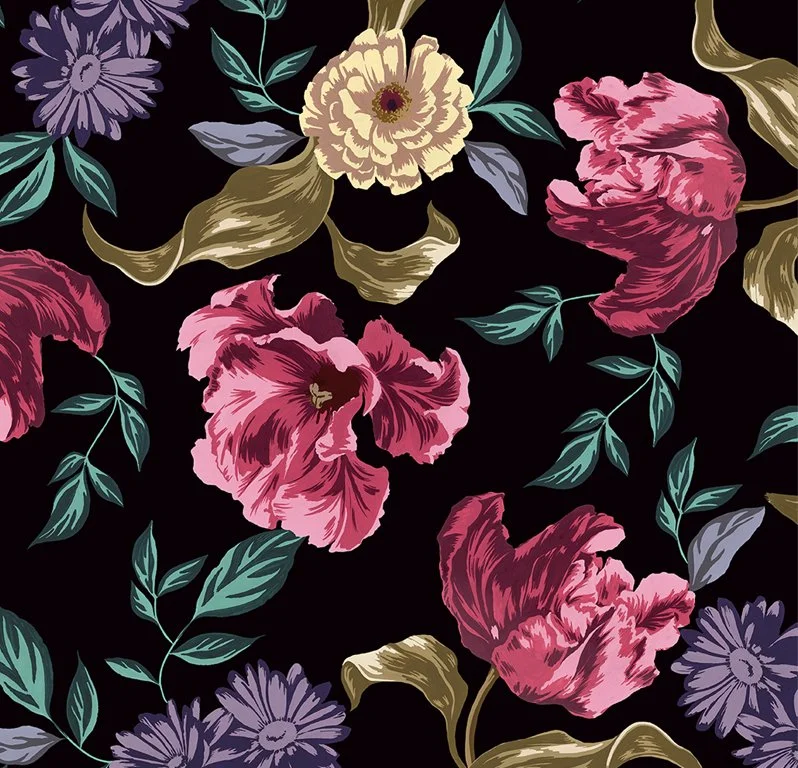 Pattern of pink, purple, and beige flowers with green and gray leaves on a black background.