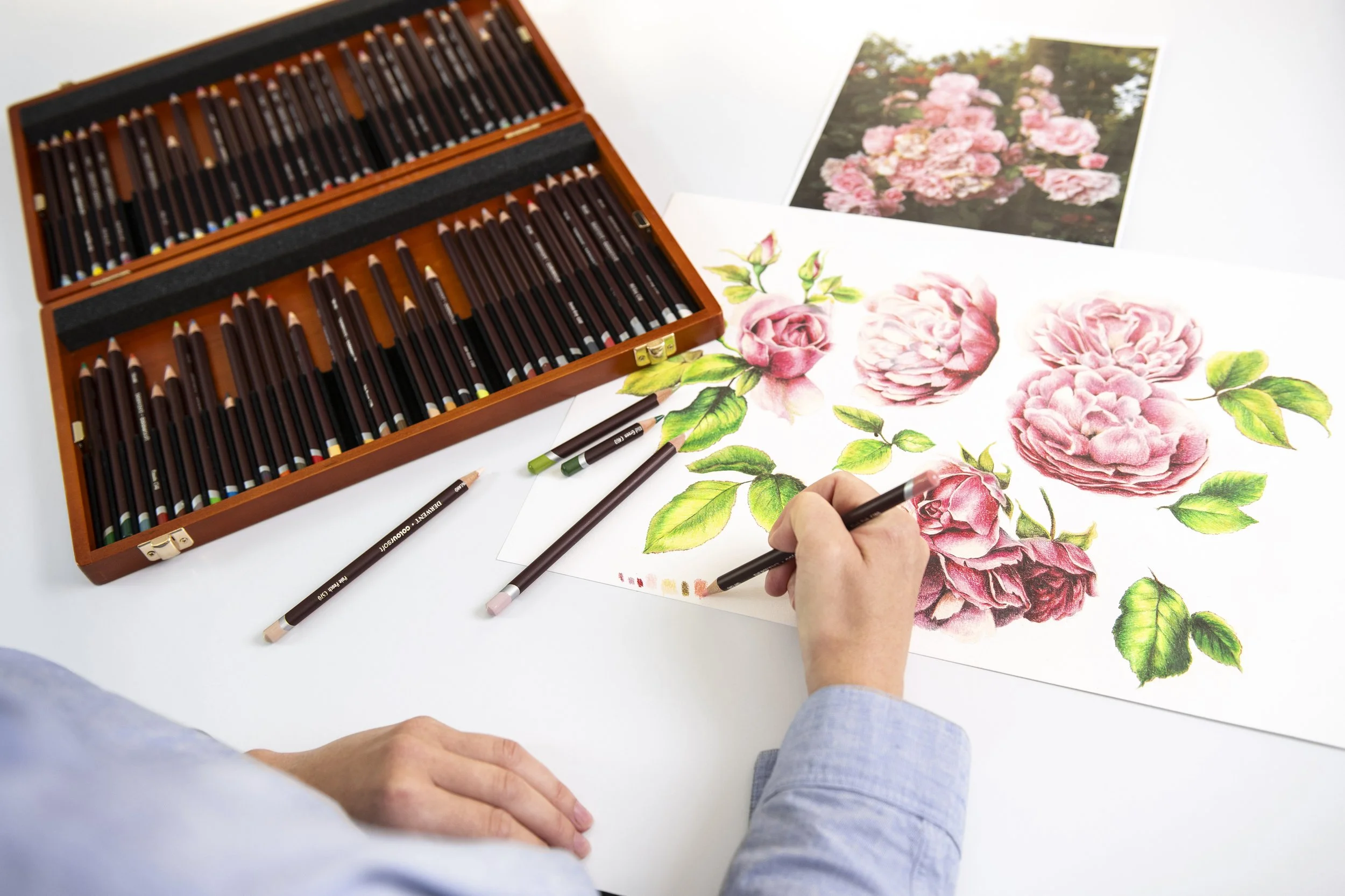 Person drawing pink and green floral artwork with colored pencils and a wooden case of pencils, with reference photos of pink flowers on a white table.