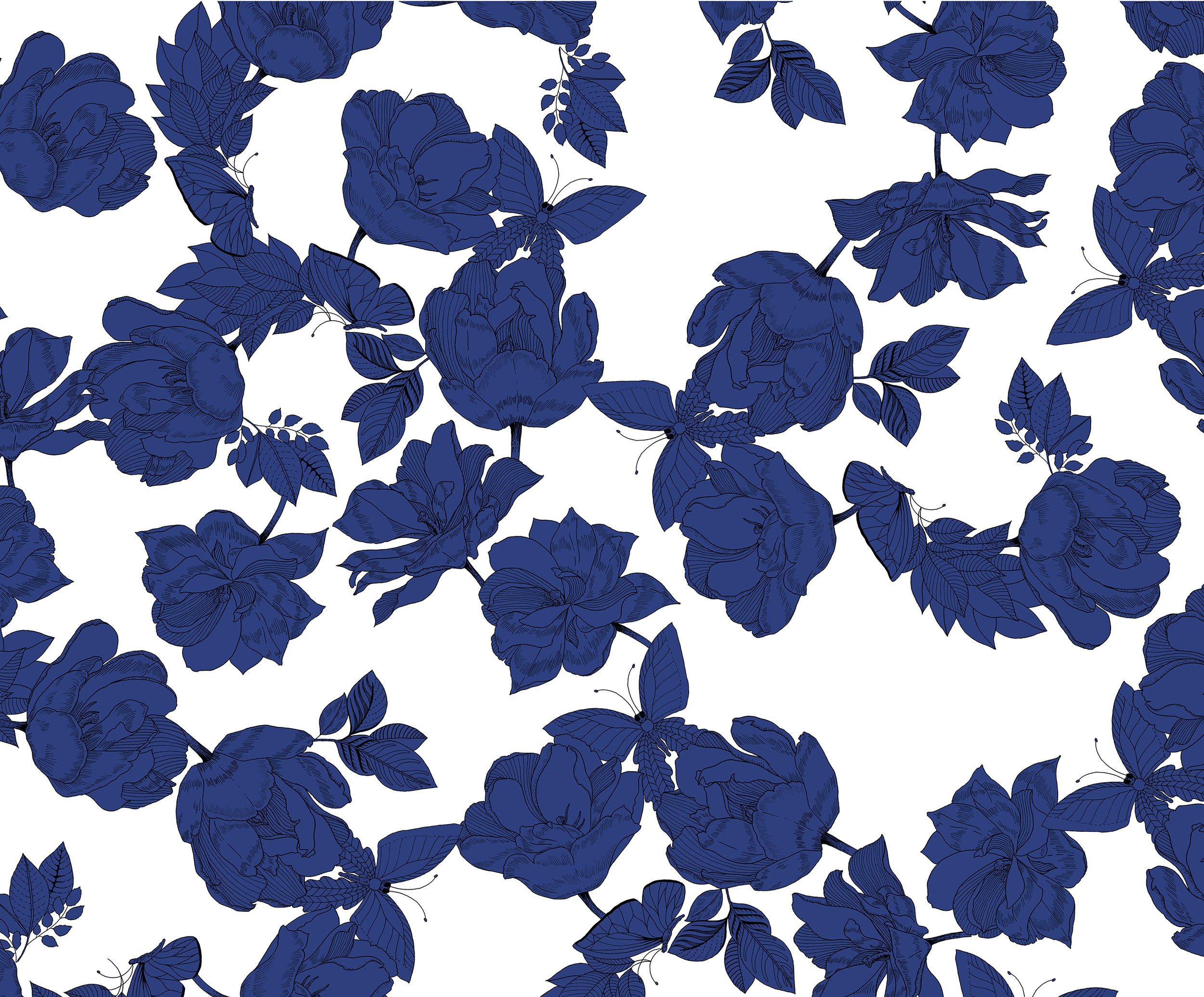 A pattern of dark blue roses and leaves on a white background.